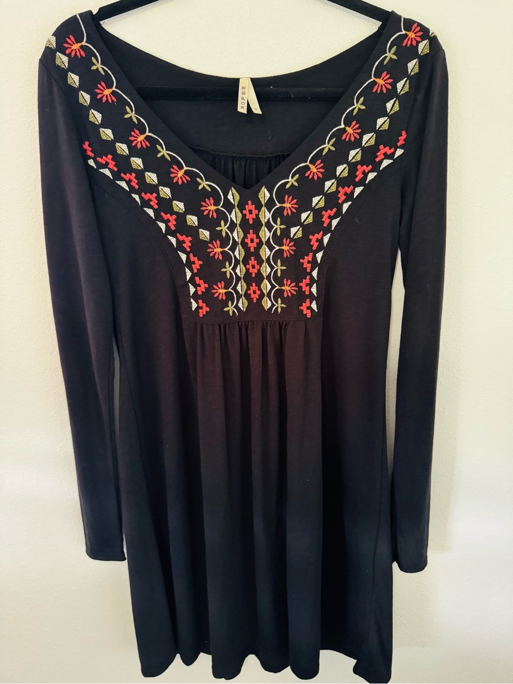 Roper Black Long-Sleeve Dress with Red and Green Embroidery